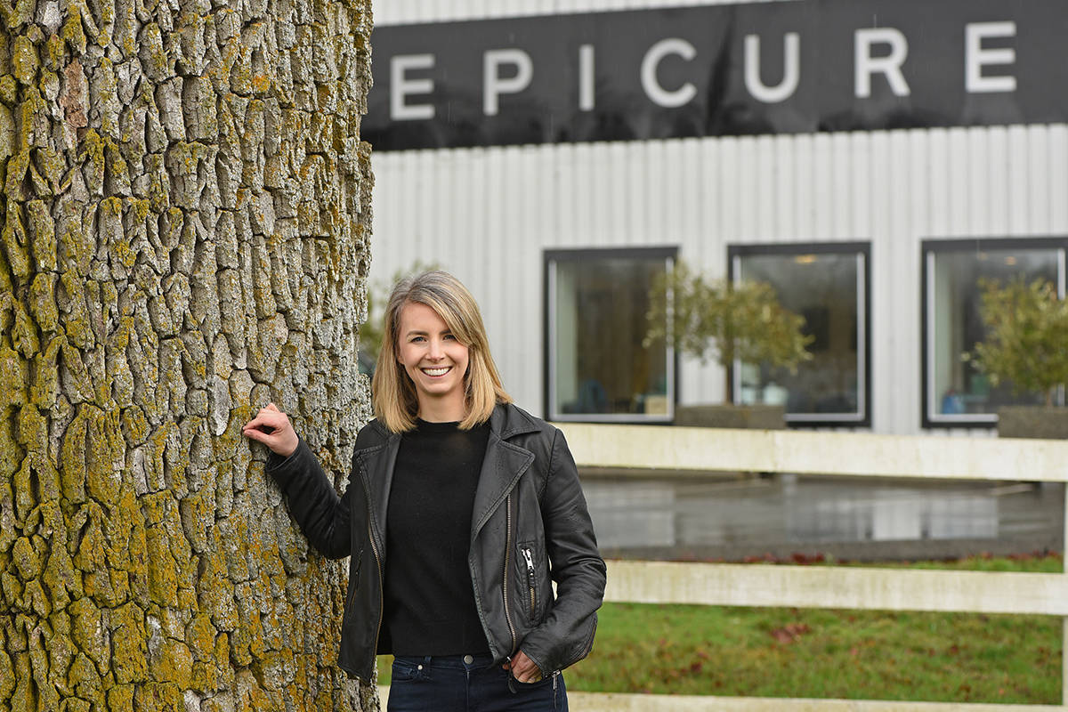 Amelia Warren, Epicure CEO, stands outside the company's warehouse and offices in North Saanich.  Don Denton photo