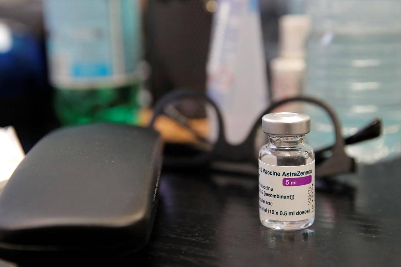 A vial of Oxford-AstraZeneca COVID-19 vaccine is pictured at a family doctor office, Thursday, Feb. 25, 2021 in Paris. THE CANADIAN PRESS/AP -Christophe Ena