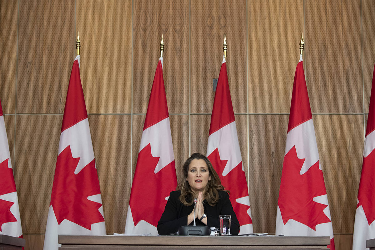 Deputy Prime Minister and Minister of Finance Chrystia Freeland speaks about the Fiscal update during a news conference in Ottawa, Monday November 30, 2020. THE CANADIAN PRESS/Adrian Wyld