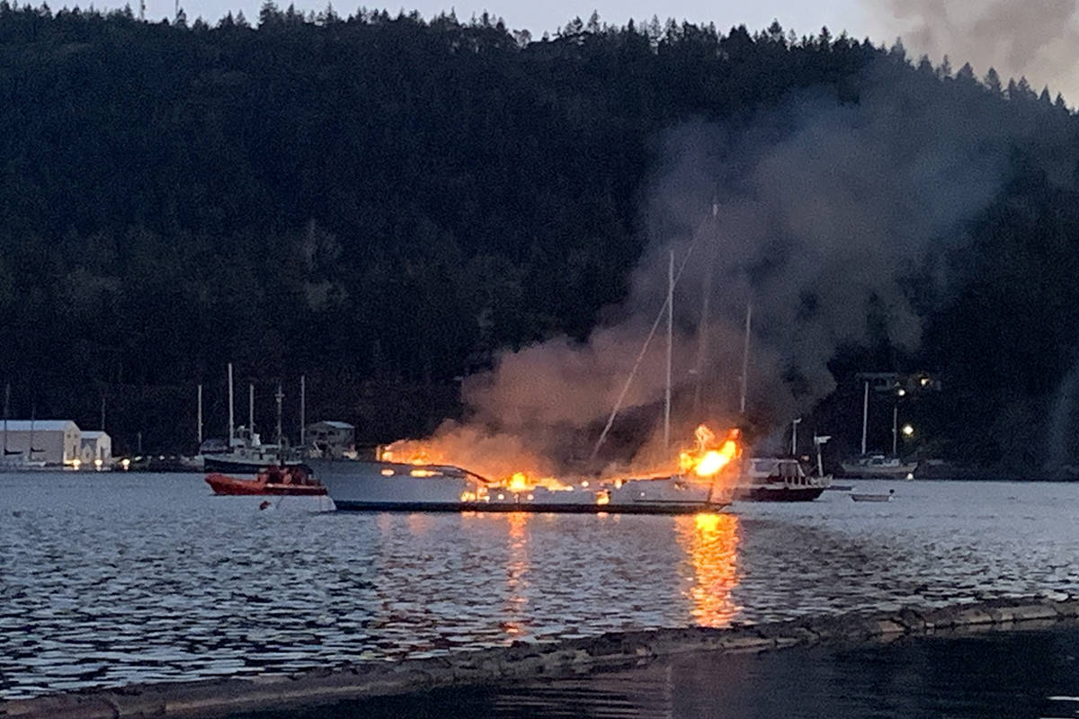 A boat caught fire in Ladysmith Harbour on Saturday morning. (Photo submitted)