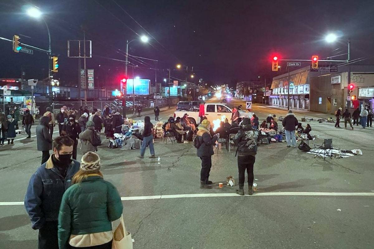 Beginning late Tuesday, anti-pipeline protesters blocked the intersection of Hastings Street and Clark Drive in Vancouver. (Instagram/Braidedwarriors)
