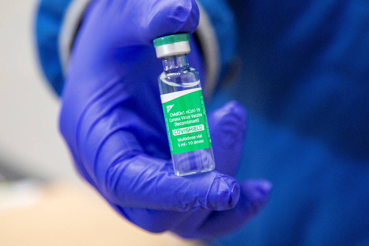 A vial of some of the first 500,000 of the two million AstraZeneca COVID-19 vaccine doses that Canada has secured through a deal with the Serum Institute of India in partnership with Verity Pharma at a facility in Milton, Ont., on Wednesday, March 3, 2021. THE CANADIAN PRESS/Carlos Osorio - POOL