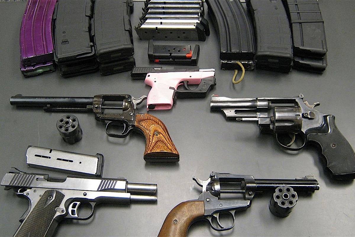 A sample of guns seized at the Pacific Highway border crossing from the U.S. into B.C. in 2014. Guns smuggled from the U.S. are used in criminal activity, often associated with drug gangs. (Canada Border Service Agency)