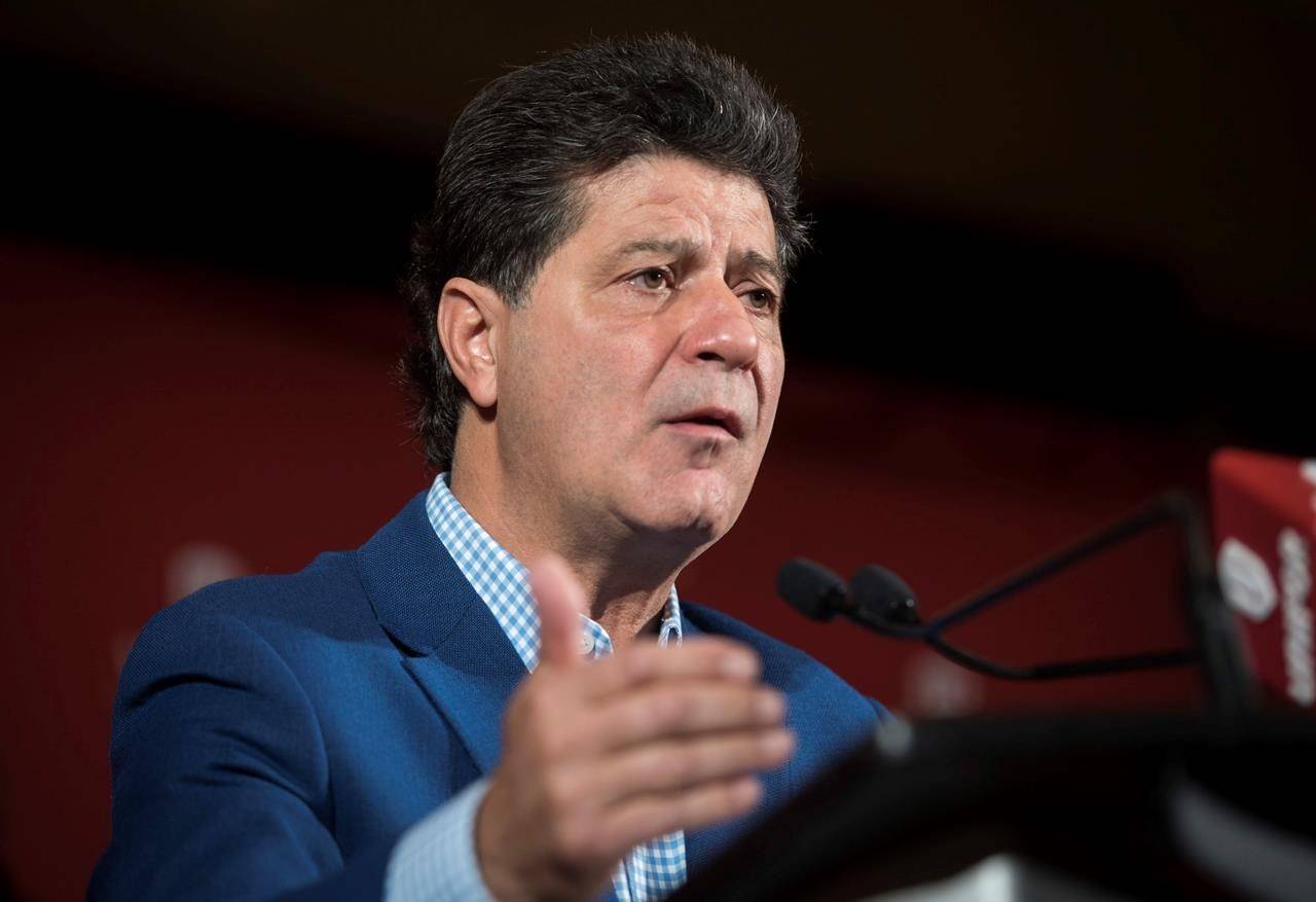 Unifor national president Jerry Dias speaks during a press conference in Toronto on Thursday, Oct. 15, 2020. Dias says Air Canada is pledging passenger refunds as negotiations over federal aid for airlines drag on. THE CANADIAN PRESS/Tijana Martin