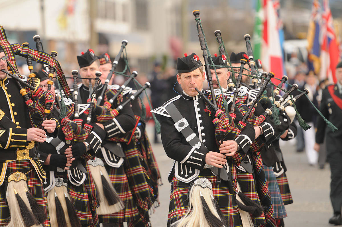 The James C Richardson Pipe Band marches in a Remembrance Day parade on Nov. 11, 2019 in Chilliwack. Wednesday, March 10 is International Bagpipe Day. (Jenna Hauck/ Chilliwack Progress file)