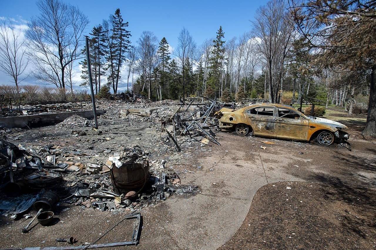 A fire-destroyed property registered to Gabriel Wortman at 200 Portapique Beach Road is seen in Portapique, N.S. on May 8, 2020. THE CANADIAN PRESS/Andrew Vaughan