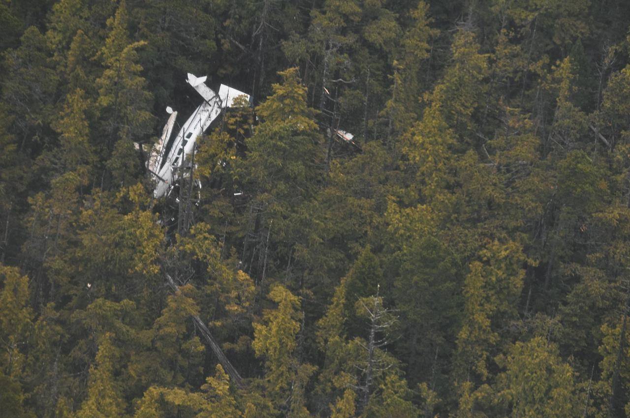 A plane’s fuselage is seen through the canopy of forest at a crash site on Addenbroke Island, B.C. The Transportation Safety Board of Canada says a decision to continue flying in poor weather led to the float plane crash that killed four people and injured five others. THE CANADIAN PRESS/HO-Royal Canadian Air Force, 442 Squadron