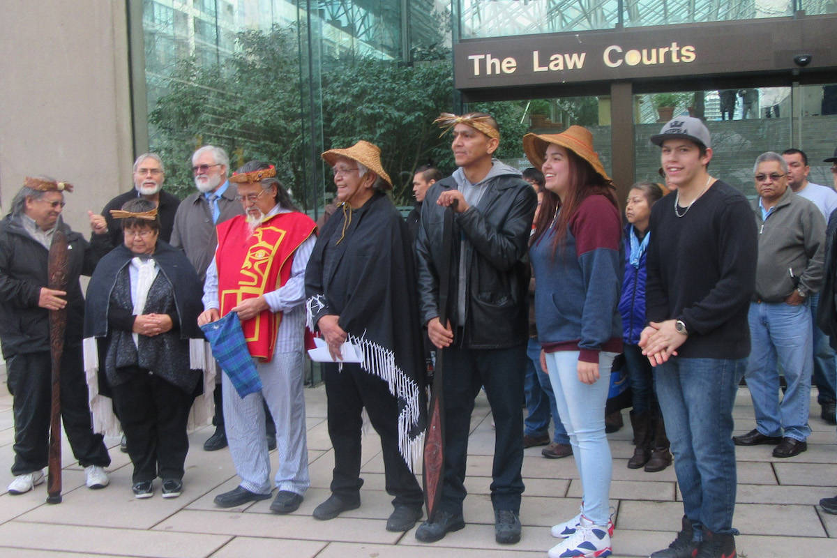 A photo from 2017 shows Nuchatlaht First Nation members gathered outside the Supreme Court in Vancouver after filing the land title case. ( Nuchatlaht First Nation).