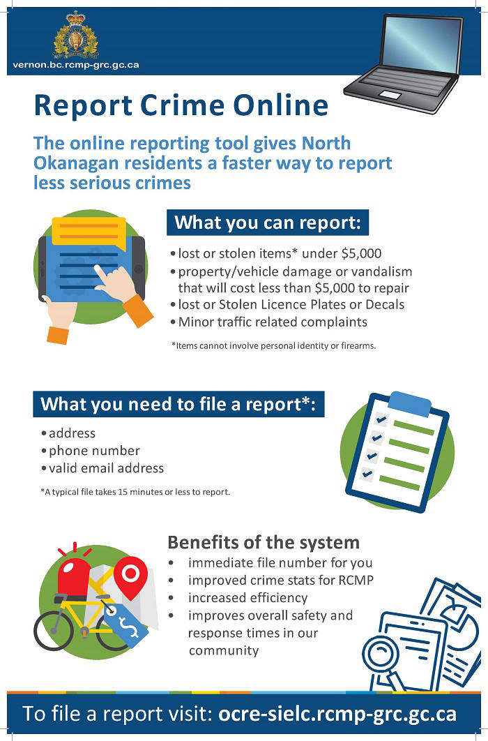 Vernon North Okanagan RCMP launched their new online reporting tool Wednesday, March 17. (RCMP graphic)