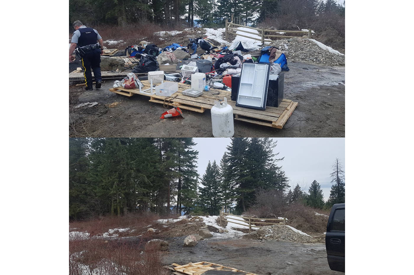The Okanagan Forest Task Force cleaned over 1,400 pounds of garbage from Beaver Lake Road on March 14. Pictured above is before, and after cleanup. (Supplied/Kane Blake)