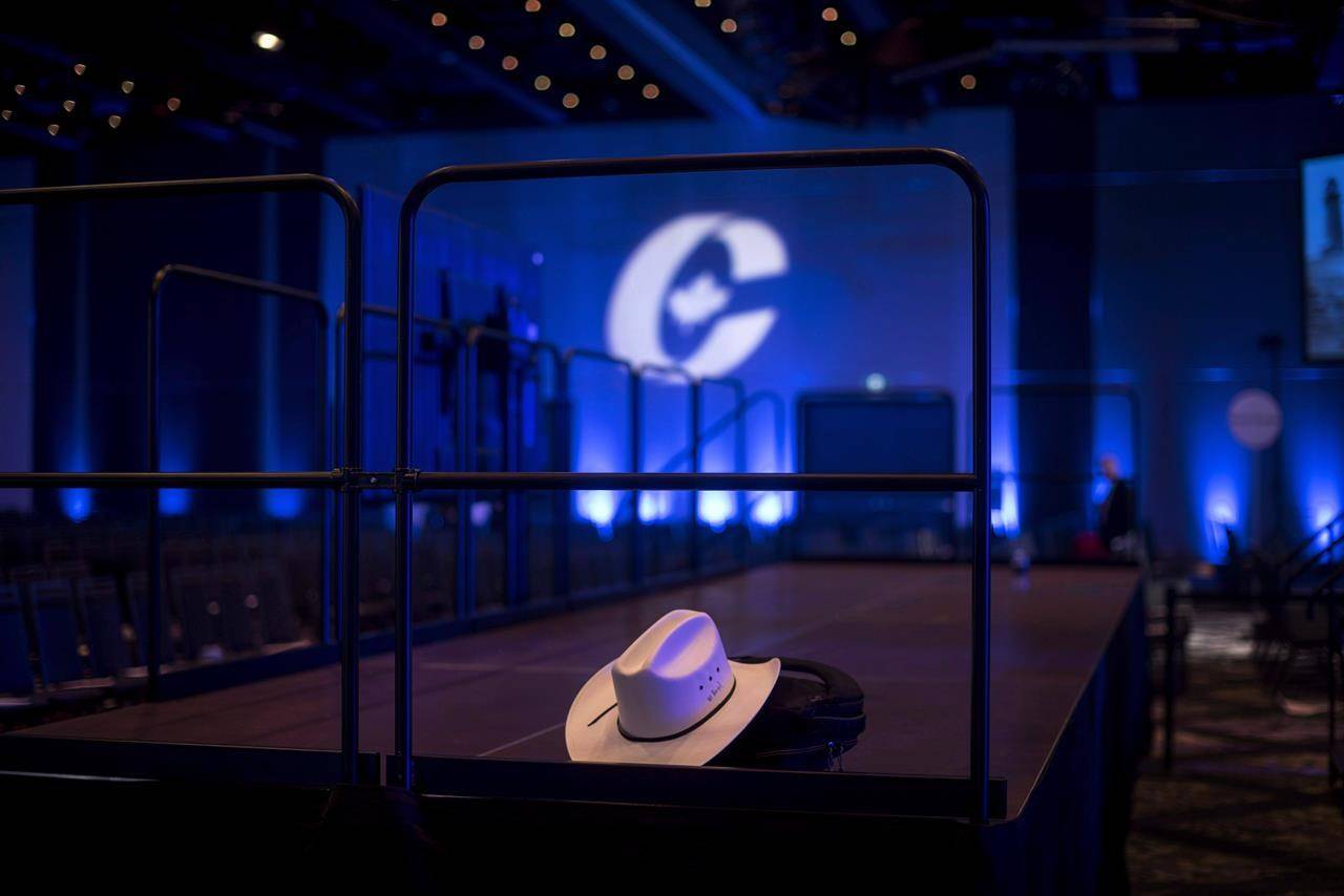 A cowboy hat is left inside an empty ballroom at the Conservative national convention in Halifax on Saturday, August 25, 2018. Card-carrying federal Conservatives are heading into day two of a virtual convention aimed at getting the party ready for the next election. THE CANADIAN PRESS/Darren Calabrese