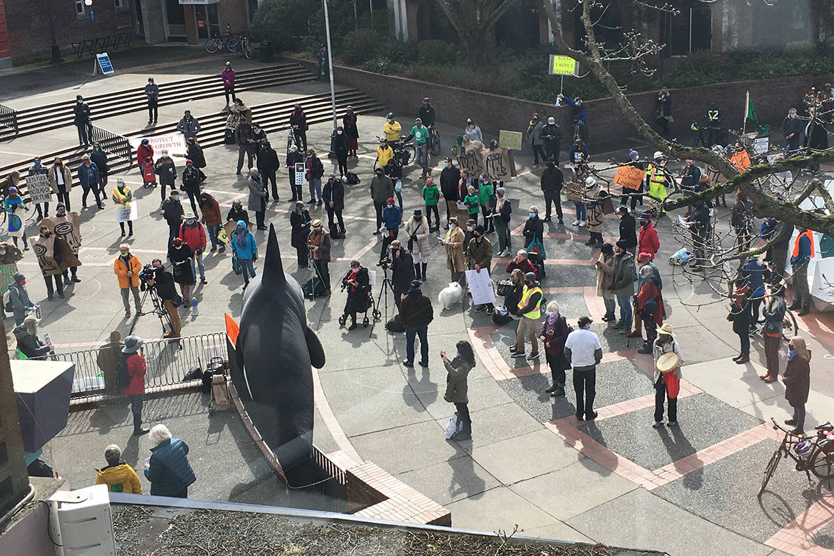 Overhead view of Forest March BC rally in Centennial Square on Friday, March 19. (Don Descoteau/News Staff)