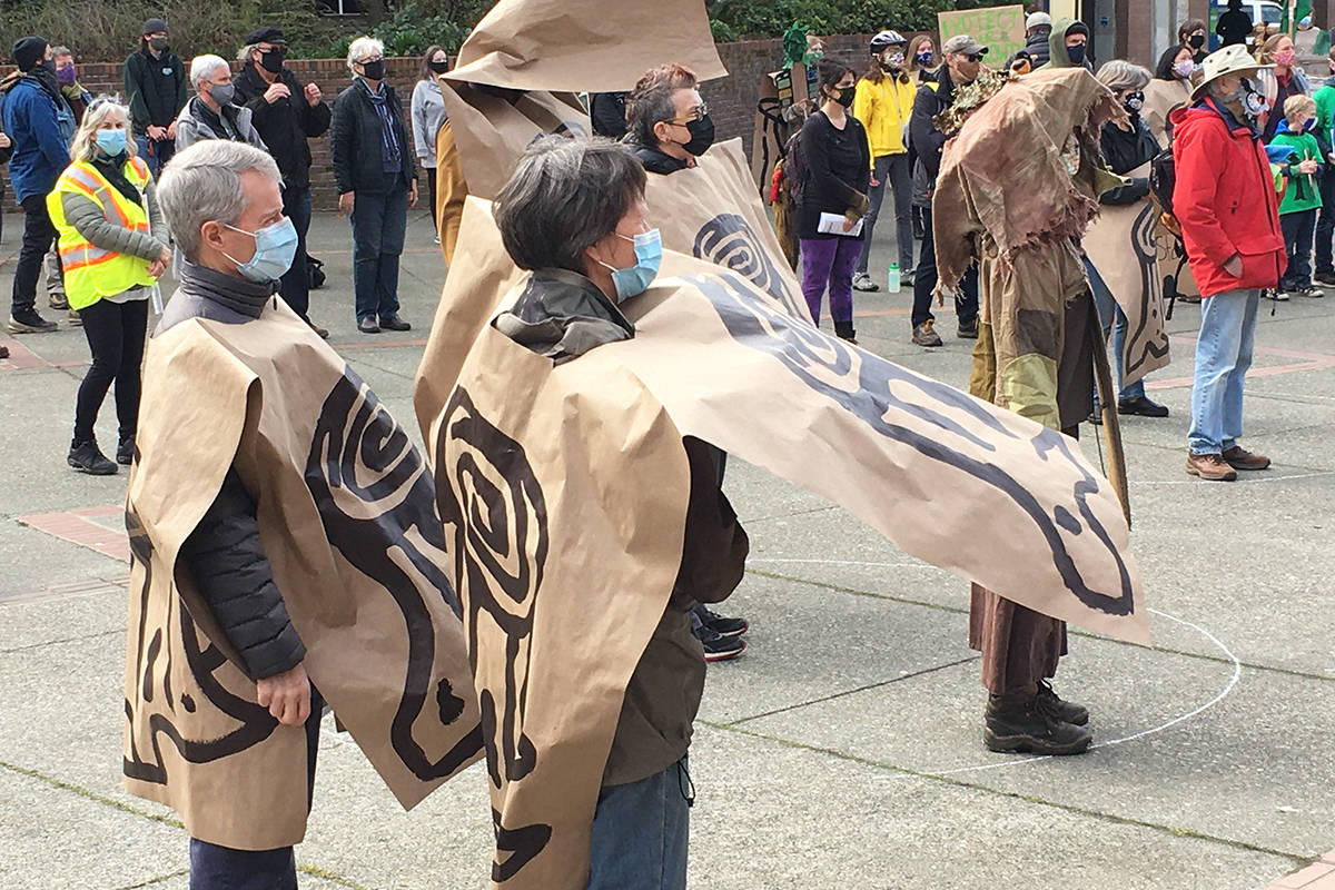 Protesters in forest-related garb at the Forest March BC rally in Centennial Square. (Don Descoteau/News Staff)