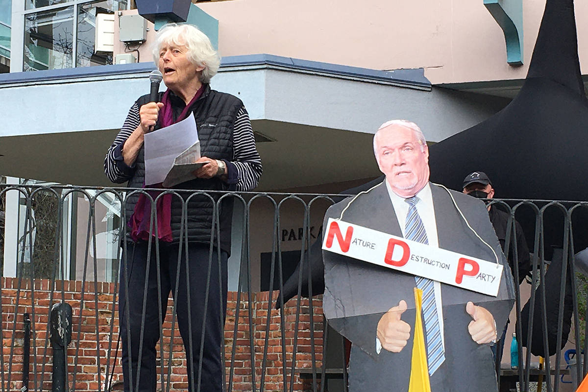 Longtime environmental advocate Vicky Husband speaks at a ForestMarchBC rally on Friday in Victoria’s Centennial Square. (Don Descoteau/News Staff)