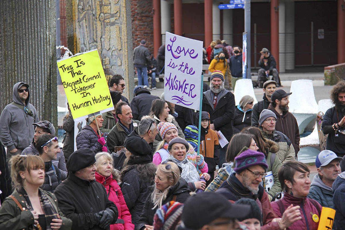 People gathered in Centennial Square February 27 to protest COVID-19 restrictions. Another rally is expected March 20. (Black Press Media file photo)