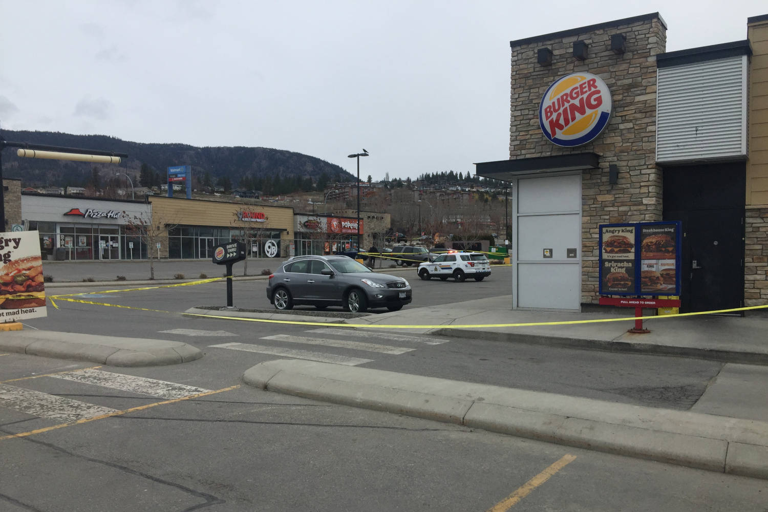 Police have cordoned off an area outside a West Kelowna strip mall near Highway 97 and Elk Road on Sunday morning. (Dave Ogilvie photo)