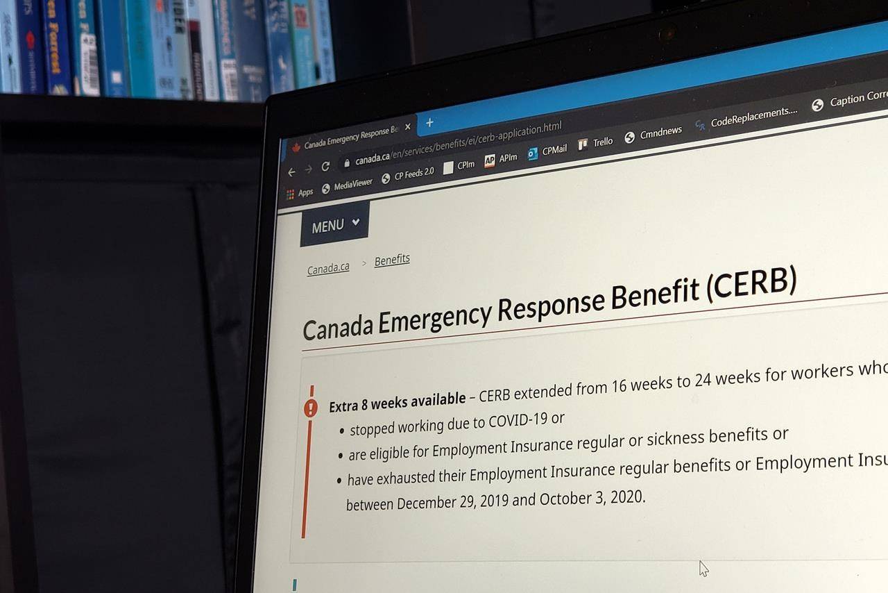 FILE – The landing page for the Canada Emergency Response Benefit is seen in Toronto, Monday, Aug. 10, 2020. THE CANADIAN PRESS/Giordano Ciampini