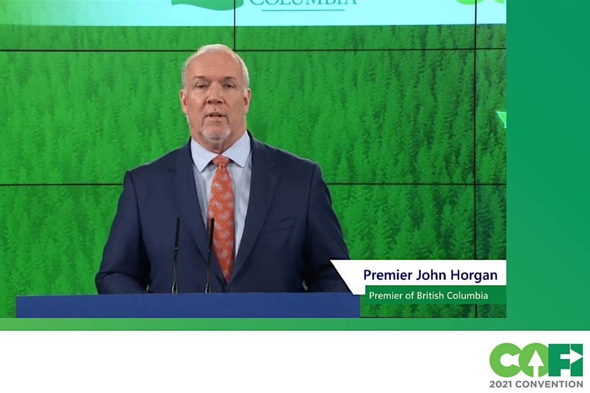 B.C. Premier John Horgan speaks by video link to the annual Council of Forest Industries convention, April 8, 2021. (COFI video)