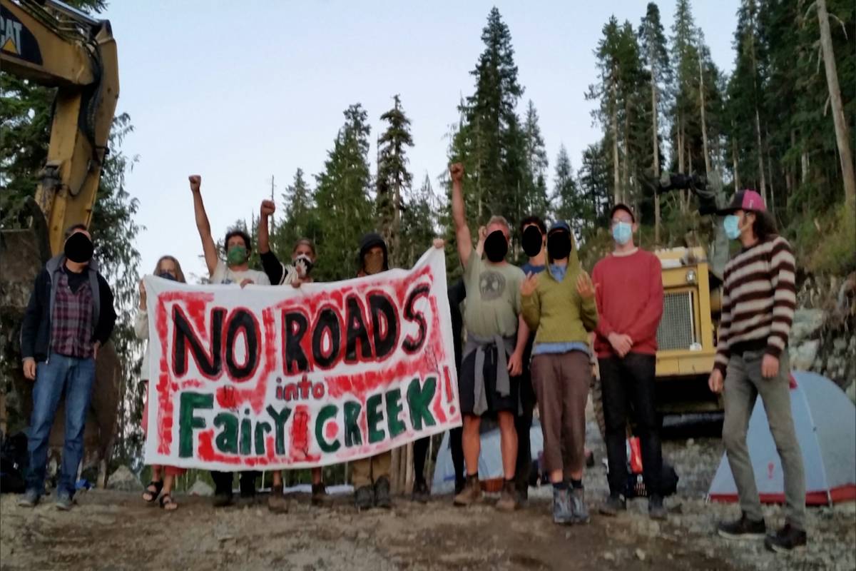 Protesters occupied a road leading to Fairy Creek Watershed near Port Renfrew. (Submitted photo)