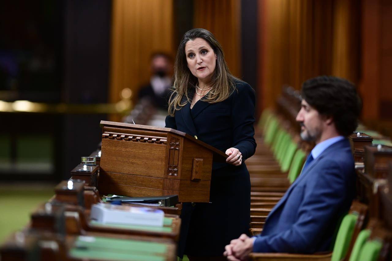 Finance Minister Chrystia Freeland delivers the federal budget in the House of Commons as Prime Minister Justin Trudeau looks on in Ottawa on Monday April 19, 2021. It was only a few lines in the federal budget, and the money involved represents a rounding error in the overall scheme of things.THE CANADIAN PRESS/Sean Kilpatrick