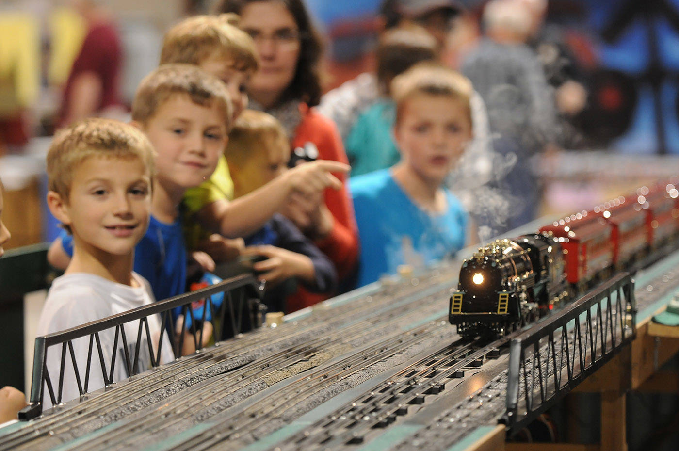 People watch a train go by during the 17th annual Mount Cheam Lions Train and Hobby Show at Chilliwack Heritage Park on Oct. 18, 2014. Saturday, May 8 is Train Day. (Jenna Hauck/ Chilliwack Progress file)
