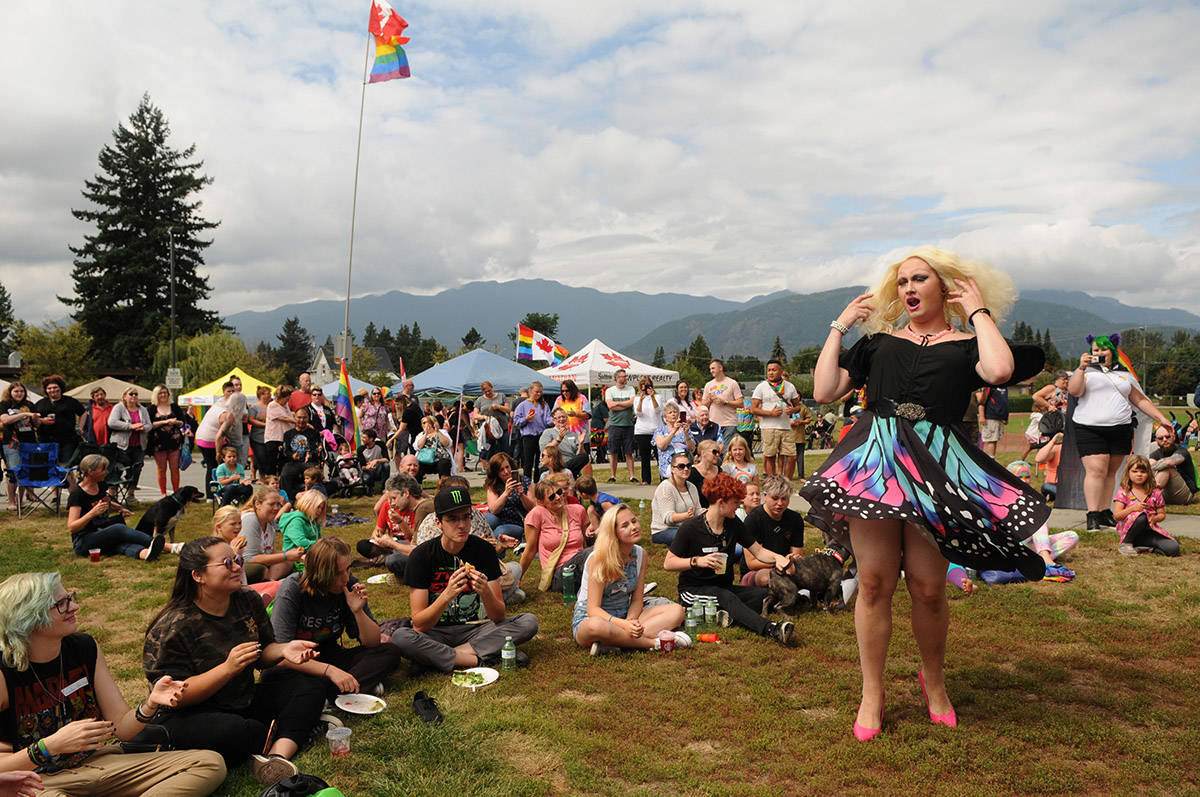 Chilliwack’s Kile Brown, performing as drag queen Hailey Adler, dances and lip syncs in front of hundreds of people during the inaugural Chilliwack Pride Barbecue at the Neighbourhood Learning Centre on Aug. 24, 2019. Monday, May 17 is International Day Against Homophobia, Transphobia and Biphobia. (Jenna Hauck/ Chilliwack Progress file)