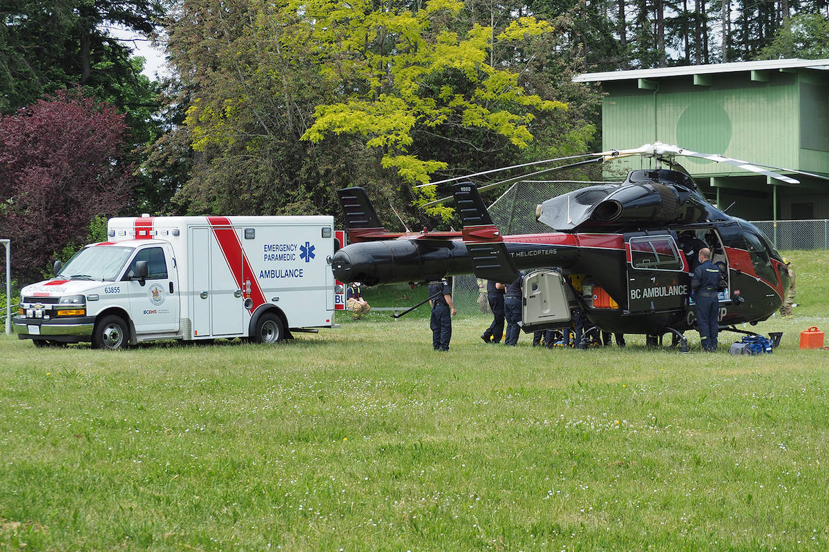A woman was airlifted to hospital with serious injuries after being bitten by a wolf at an education centre south of Nanaimo on Tuesday, May 25. (Chris Bush/News Bulletin)