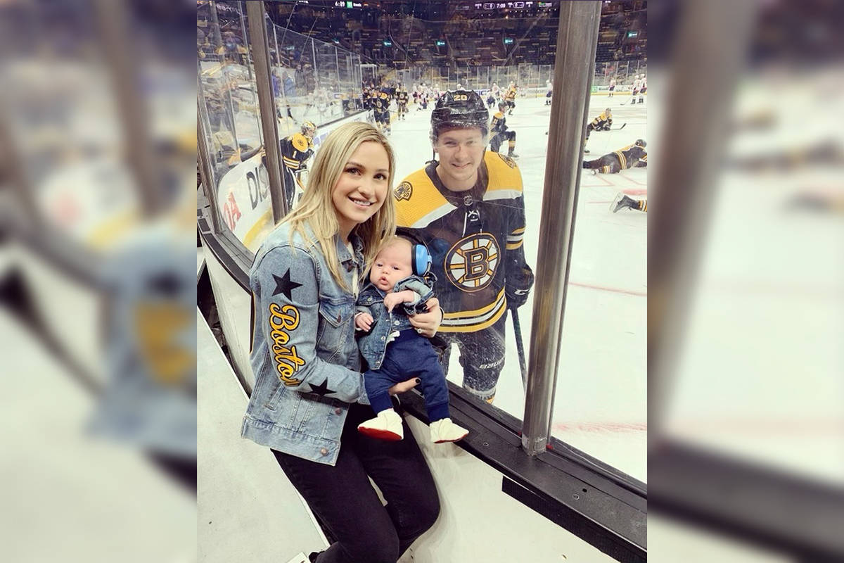Boston Bruins center Curtis Lazar skated over to see his one-month-old son Owen and wife Reanne before his game against the Washington Capitals on May 21, 2021. (Lazar Family-Contributed)