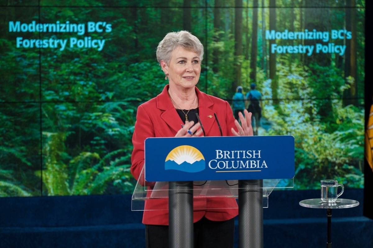 B.C. Forests Minister Katrine Conroy describes overhaul of forest policy to redistribute Crown timber cutting rights, B.C. legislature, June 1, 2021. (B.C. government photo)