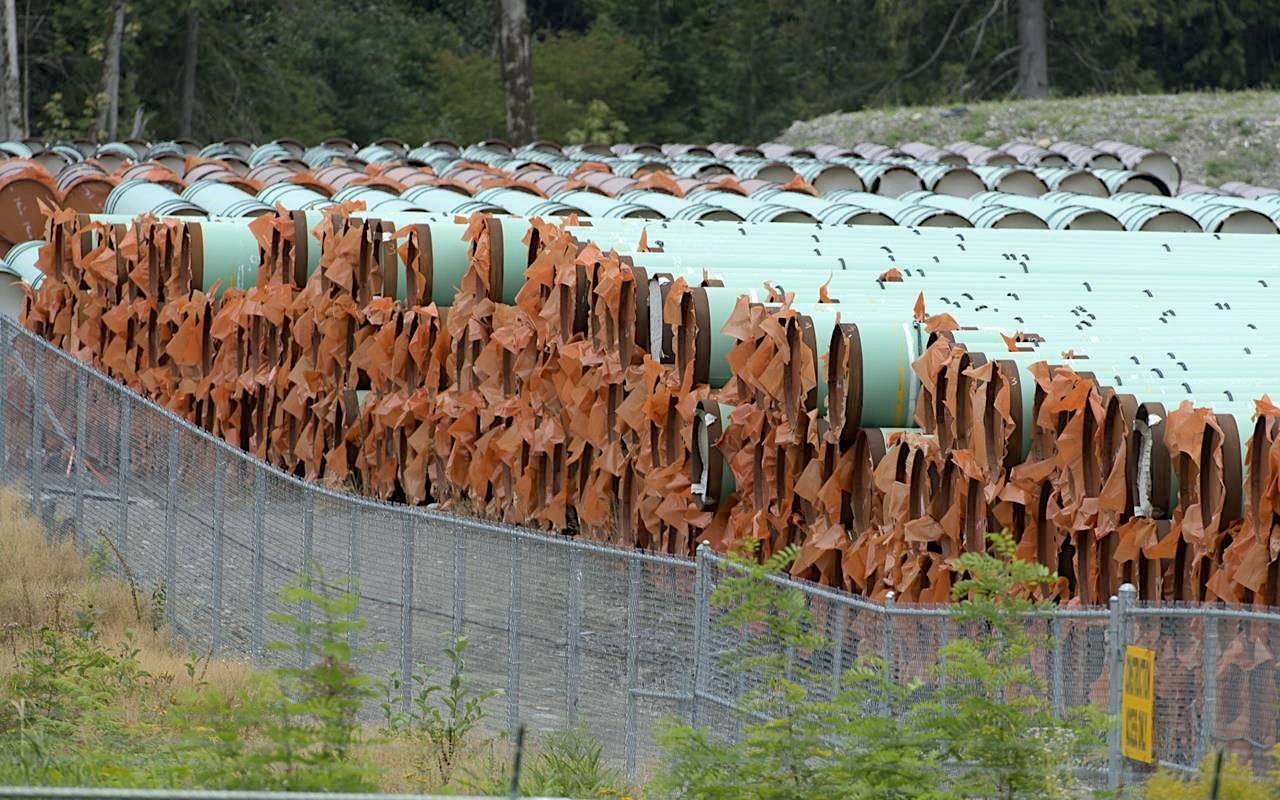 Pipes for the Trans Mountain pipeline project are seen at a storage facility near Hope, B.C., on September 1, 2020. THE CANADIAN PRESS/Jonathan Hayward
