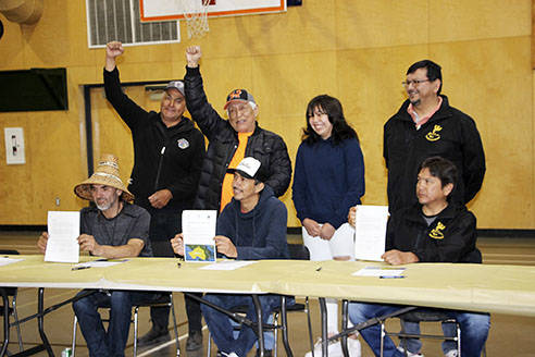 Leaders of the Huy-ay-aht, Pacheedaht and Ditidaht First Nations sign an declaration to take back power over the resources on their traditional territories. The agreement includes telling the provincial government to stop old-growth logging for two years. (Huu-ay-aht First Nation photo)
