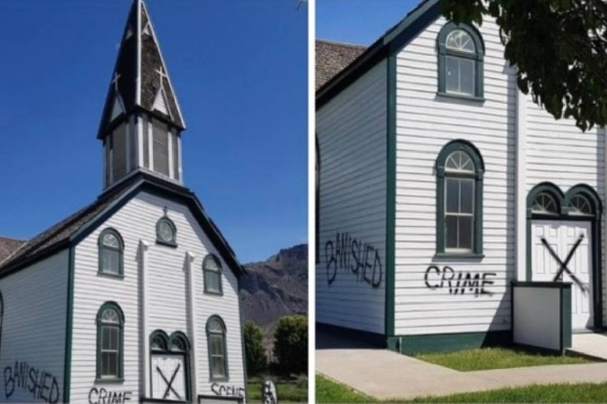 Somebody scrawled graffiti on the outside walls and door of the heritage St. Joseph’s Catholic Church on or around May 31. Photograph By TWITTER/SECWEPEMCC SECWEPEMC CROW