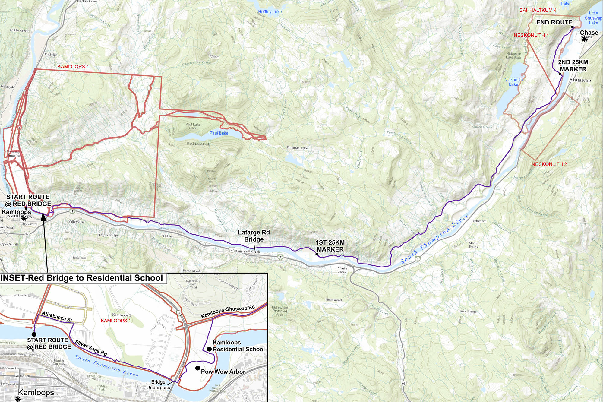 Motorists are asked to watch out for the Adams Lake Indian Band’s Walking Our Spirits Home procession on Friday, June 11 to Sunday, June 13, 2021. The purple line outlines the route. (Adams Lake Band image)