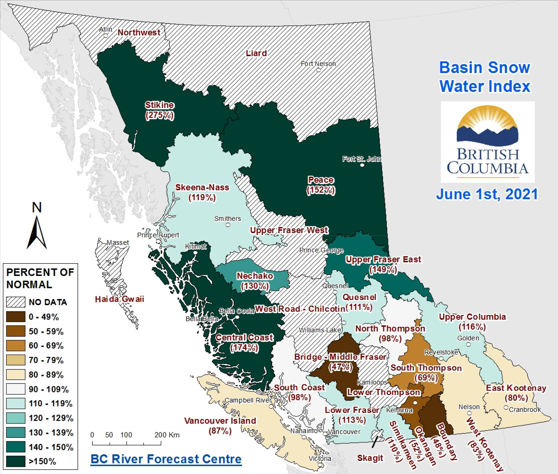 Snow measurements from June 1 varied widely around the province, with above average precipitation in the Stikine region and below average in the Boundary and Okanagan. (BC River Forecast Centre map)