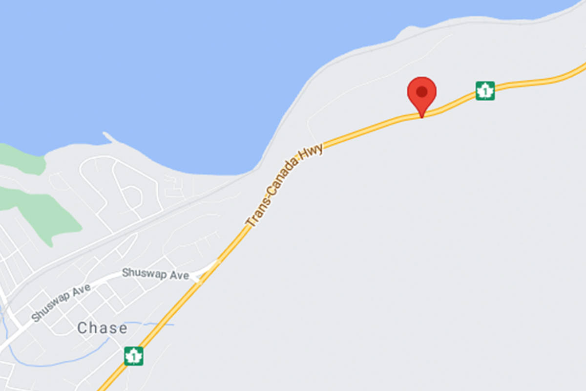 The location of the vehicle incident near Chase that currently has Highway 1 closed in both directions, according to DriveBC. (Black Press staff)