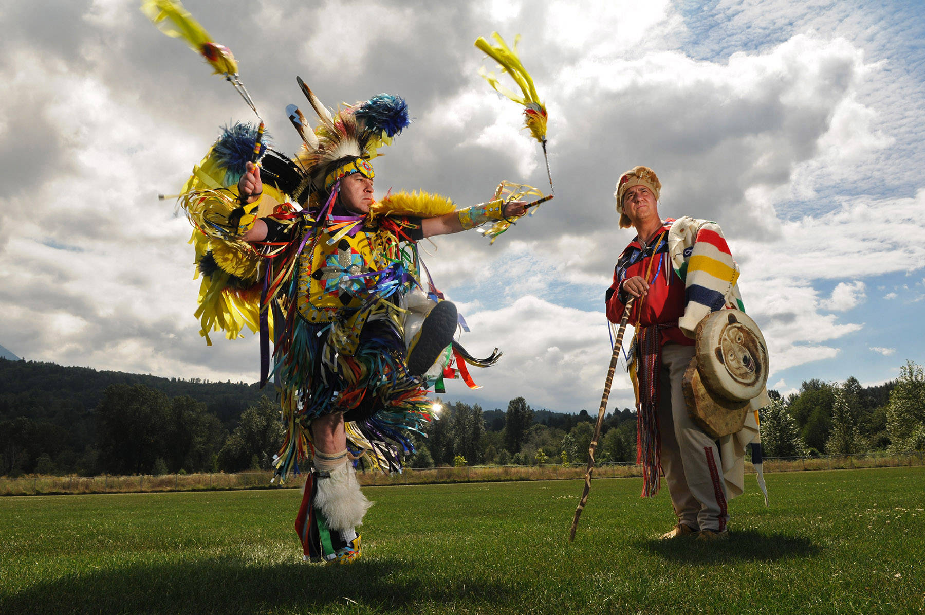 Gary Abbott (left) and Louis De Jaeger were two of the organizers for the 2014 Spirit of the People Powwow in Chilliwack. Monday, June 21, 2021 is Indigenous Peoples Day. (Jenna Hauck/ Chilliwack Progress file)