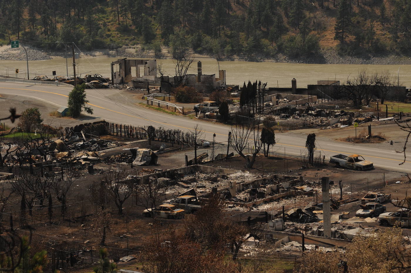 A view of Lytton, B.C. on Friday, July 9, 2021 from Highway 1, nine days after a wildfire ripped through the village on June 30, 2021. (Jenna Hauck/ Black Press Media)