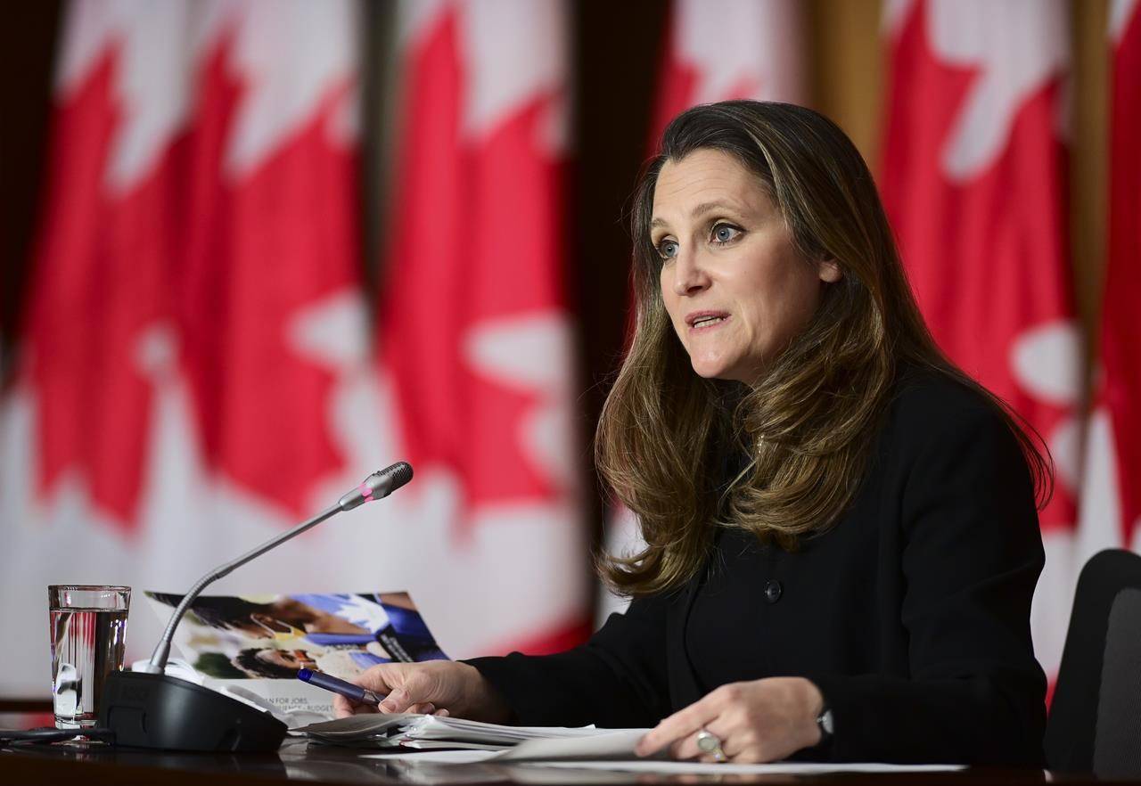Finance Minister Chrystia Freeland holds a press conference in Ottawa on Tuesday, April 20, 2021. THE CANADIAN PRESS/Sean Kilpatrick