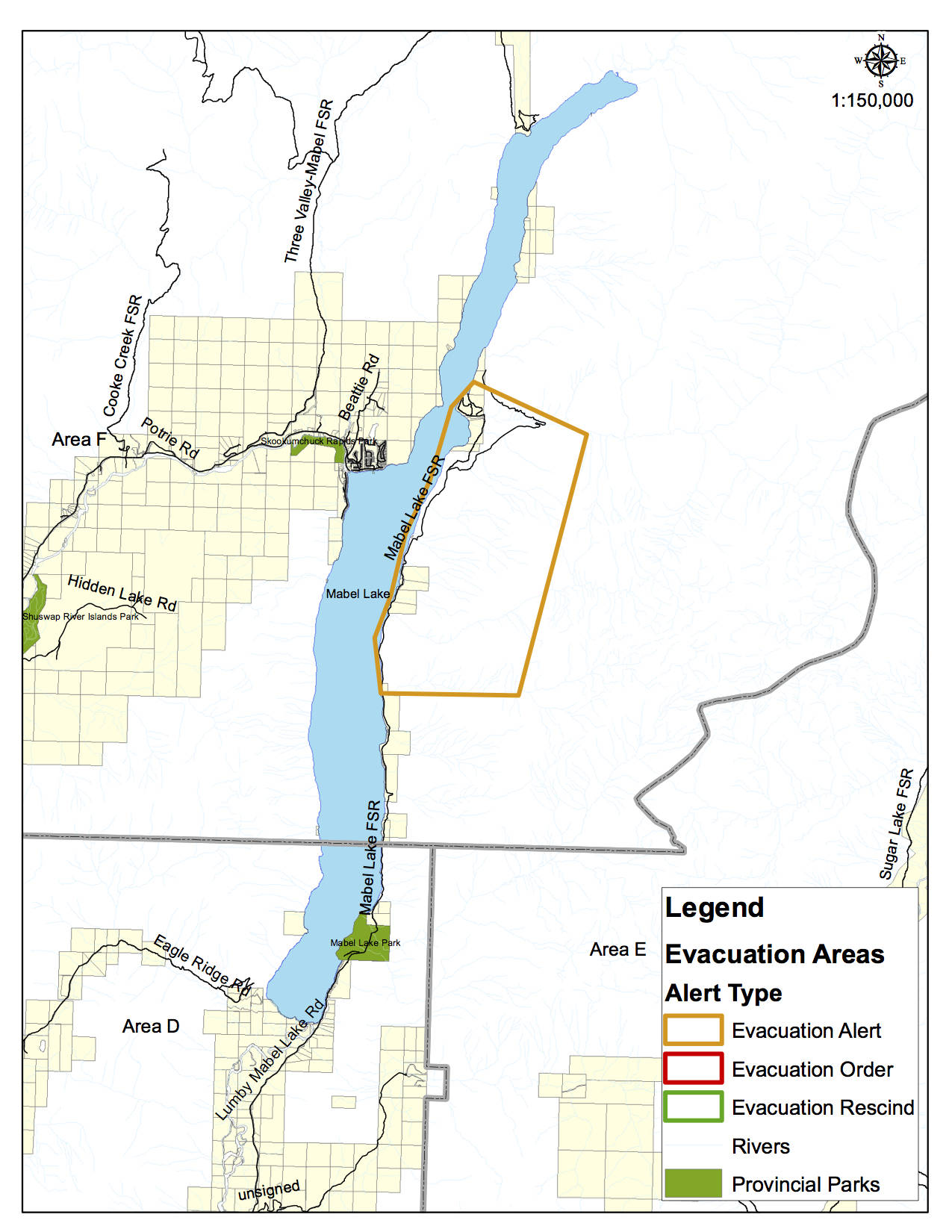 An evacuation alert has been issued for residents along the Mabel Lake forest service road due to a large wildfire in the area. (RDNO map)