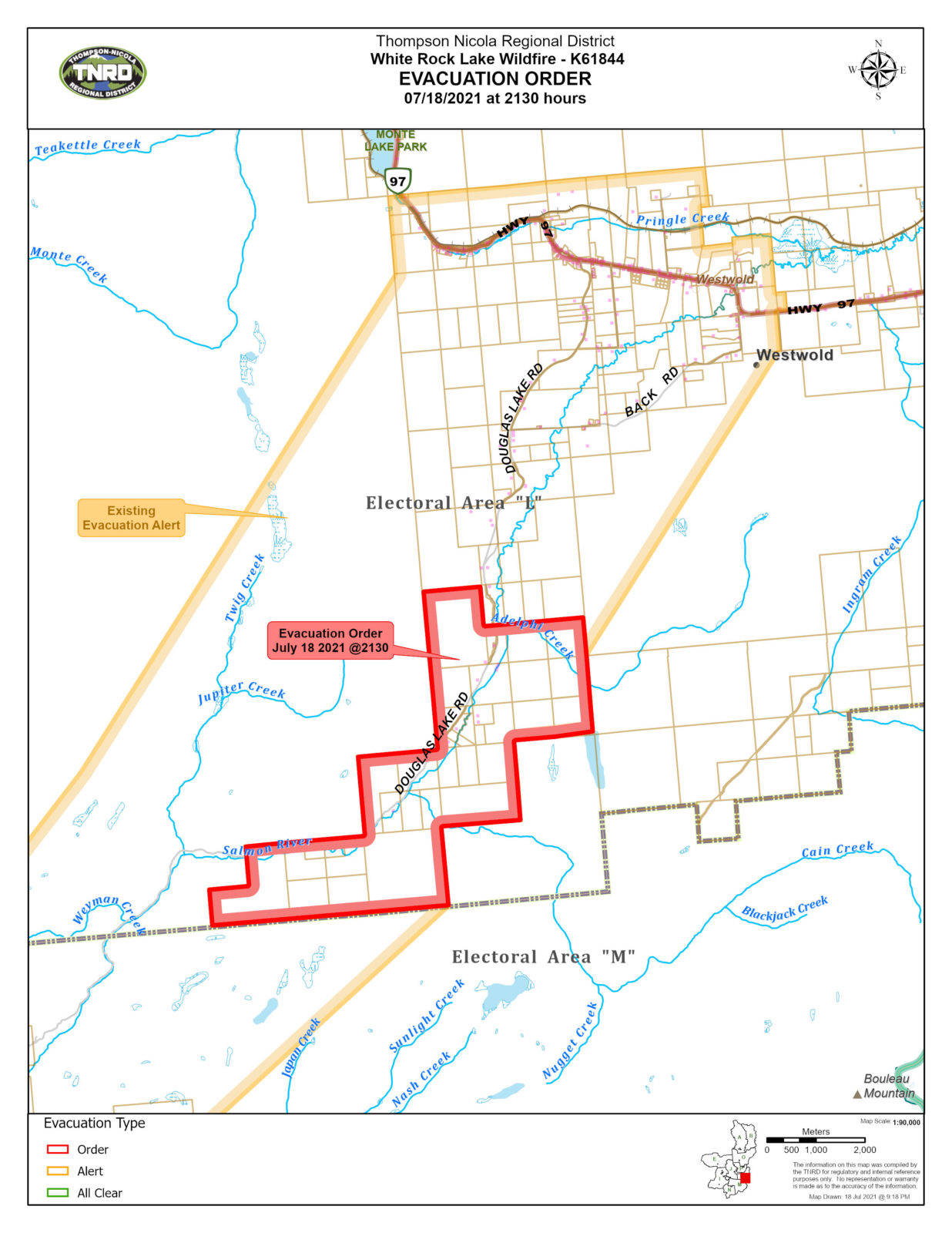 An evacuation order was issued for residents near Douglas Lake Road near Westwold Sunday, July 18, at 10:53 p.m. (TNDR)