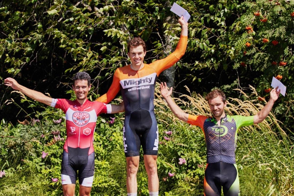 Sam Harris (Team Mighty on the Rivet) placed first, Kyle Buckosky, left, (Team Red Truck Bear) took second, and Jackon Bocksnick (Tag Race Team) rounded out the top three. (Rob Wilton/Special to The News)
