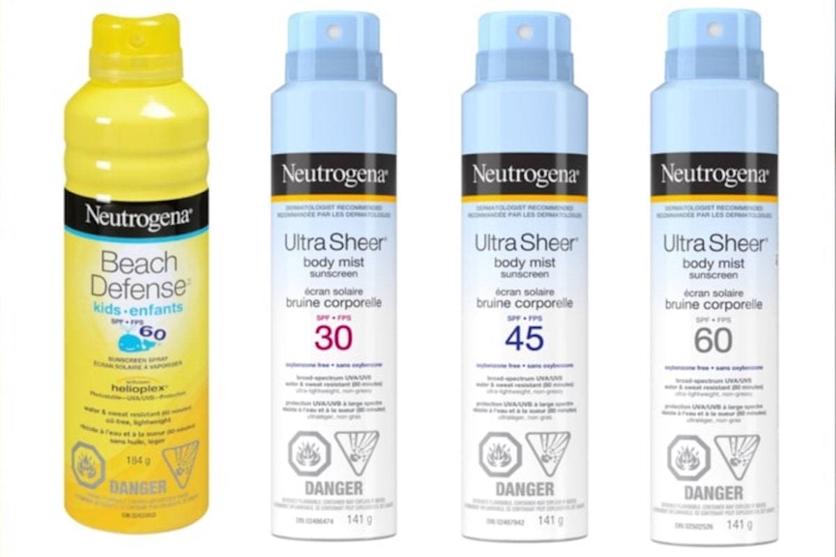 Neutrogena Beach Defense and Ultra Sheer sunscreens have been recalled by Johnson & Johnson Inc. due to elevated levels of benzene. July 17, 2021. (Source: Health Canada)