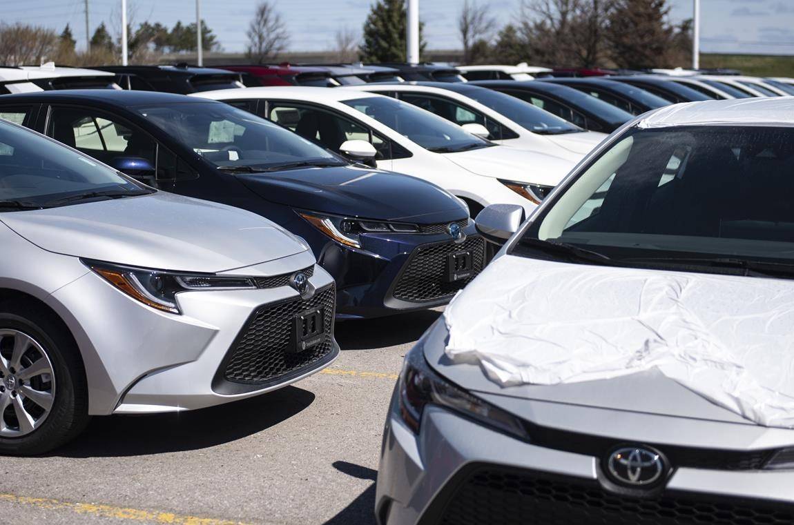 New Toyota cars for sale are seen at an auto mall in Ottawa, on Monday, April 26, 2021. THE CANADIAN PRESS/Justin Tang