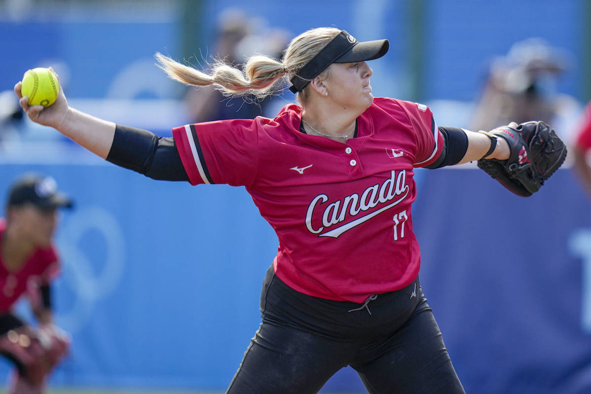Canada’s Sara Groenewegen pitches during the softball game between Mexico and Canada at the 2020 Summer Olympics, Wednesday, July 21, 2021, in Fukushima , Japan. (AP Photo/Jae C. Hong)