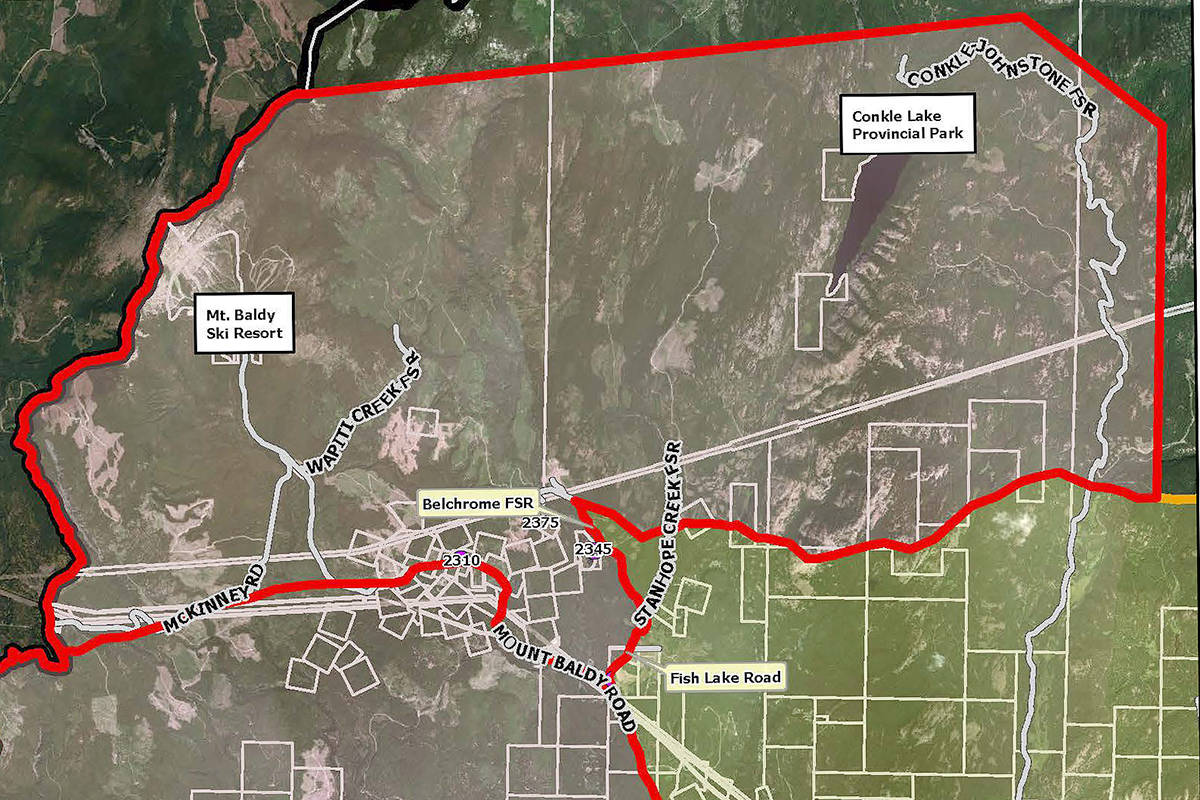 This map shows the Regional District of Kootenay Boundary’s latest evacuation zone, ordered Saturday, July 24, covers all of Mount Baldy Ski Resort.
