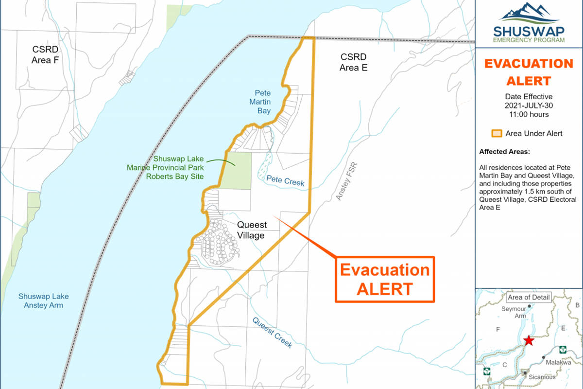The Columbia Shuswap Regional District issued an evacuation alert for properties in Queest Village and Pete Martin Bay on July 30, 2021. (CSRD image)