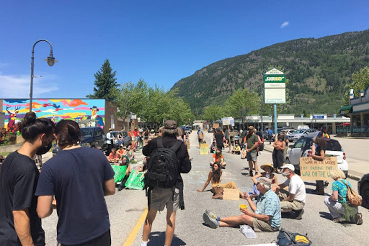 Protesters blocked Columbia Avenue for about four hours. Photo: West Kootenay Extinction Rebellion