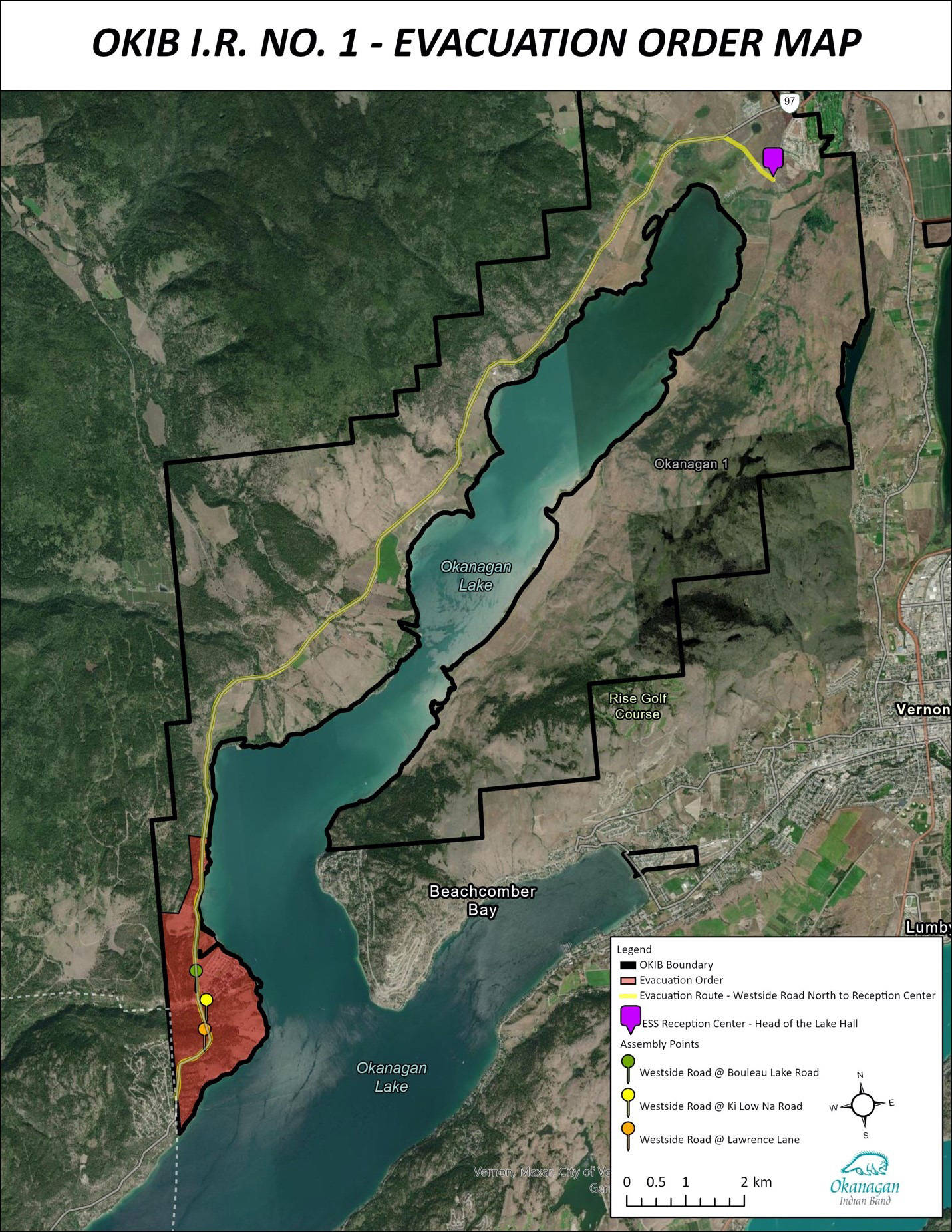 The Okanagan Indian Band issued an evacuation order (red) for select properties on the southwest side of Okanagan Lake Sunday, Aug. 1, at 4 p.m., due to the White Rock Lake Wildfire burning near Westwold. (OKIB graphic)