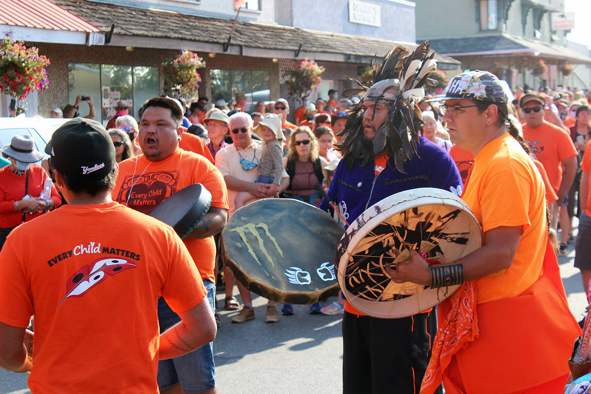 Drum circle at the start of Penelakut Tribe’s Walk for the Children. (Photo by Don Bodger)
