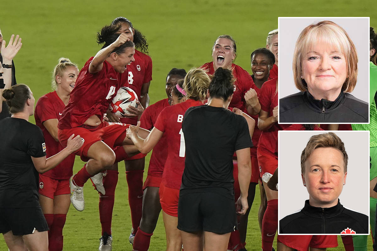 Equipment manager Maeve Glass (top right) and head coach Bev Priestman (bottom right) – both Semiahmoo Peninsula residents – won Olympic gold with Canada’s national women’s soccer team in Tokyo last week. (THE CANADIAN PRESS/Adrian Wyld photo)